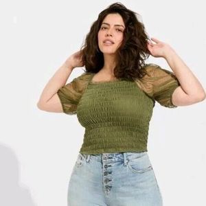 Torrid Women Plus Sz 4X Green Dot Mesh Square Neck Smocked Crop Top Puff Sleeve